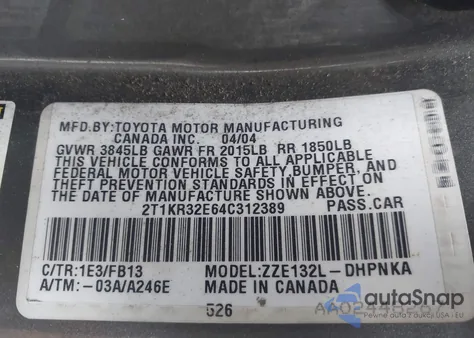 2004 Toyota Matrix Xr из США, поврежденный, VIN 2T1KR32E64C312389